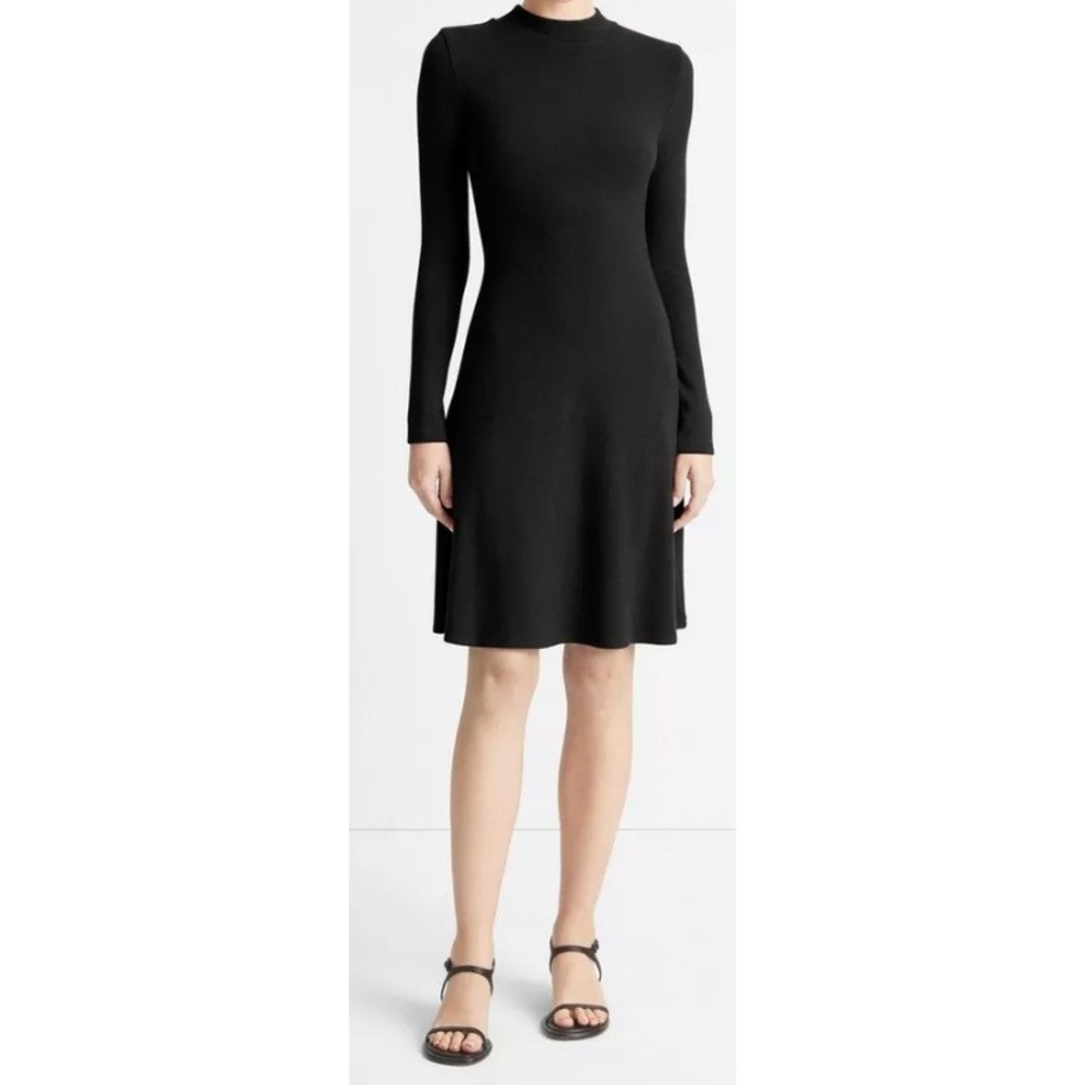 Vince Black Mock Neck Long Sleeve Ribbed A-Line Knit Dress V878484146 L